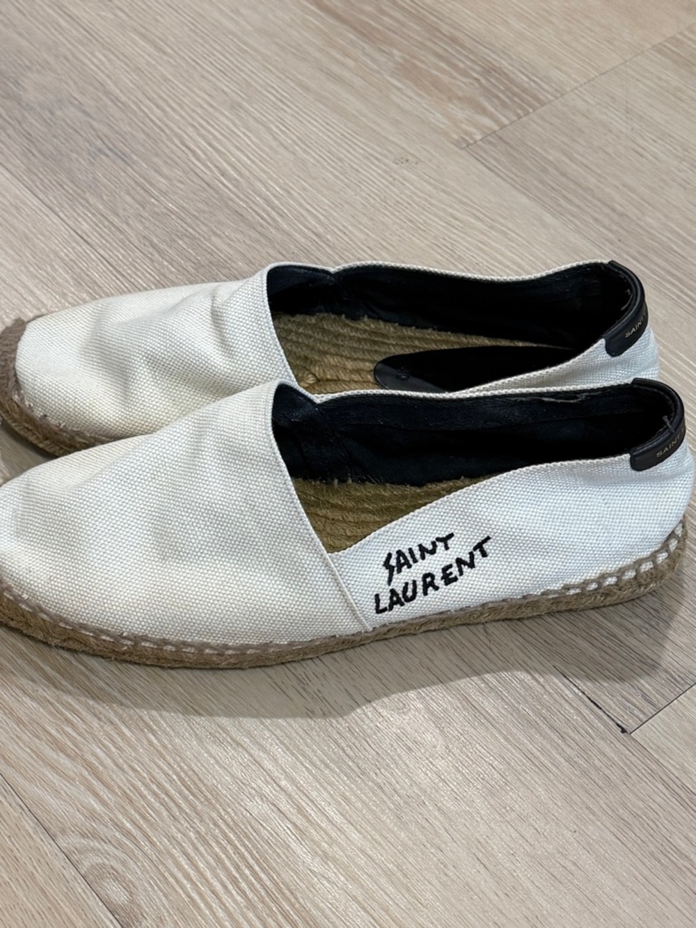 Saint Laurent White Canvas Espadrille Flats with Black Trim